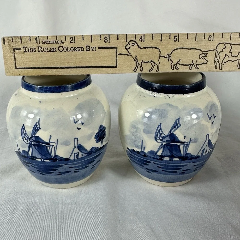 Vintage Delfts Handpainted Blue White Windmill Ginger Jar Pair Small 3.5